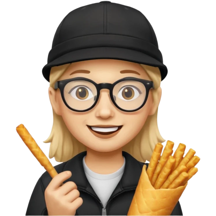 num num eatting hashbrown sticks with a plain black cap and glasses no hair emoji