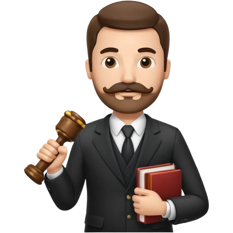 Create a male lawyer. he is wearing a fromal suit jckeret. He is holding a gavel in one hand and a book tucked under his another arm. He has a mustache and BEARD both! emoji