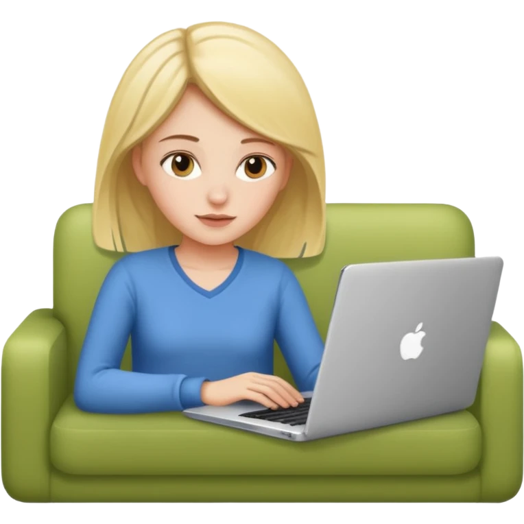 A girl is working with a laptop while lying on the sofa emoji