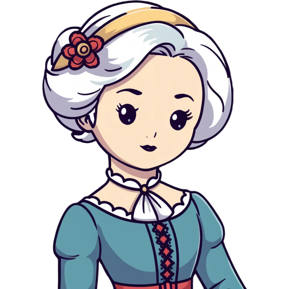 Victorian woman with white hair and starstruck eyes, elegant period dress emoji