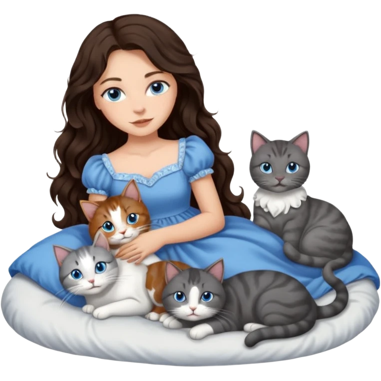 detailed realistic looking a dark grey and white cat regally laying with six other cats, cuddling with their owner in bed who is a pretty bratz lightly tanned white girl with long dark brown hair, blue eyes and gorgeous long wavy hair wearing a pretty detailed dress emoji