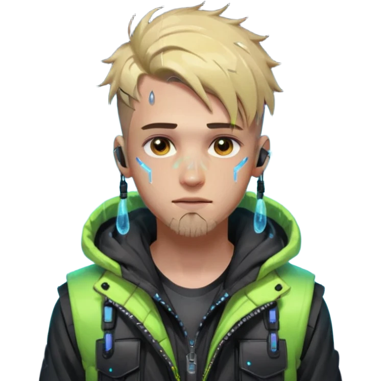 Cyberpunk street young adult, male, messy undercut, puffer vest over hoodie, glowing earpiece, light stubble, brown eyes, neon reflections, raindrops, dark background. emoji