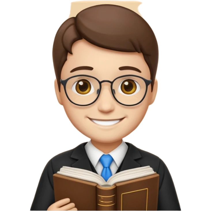 lawyer emoji, smiling, with law book, neutral background emoji