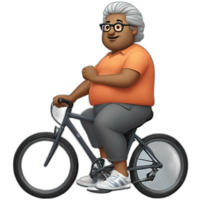 Fat indian man with grey hair wearing glasses, adidas shirt riding bicycle emoji