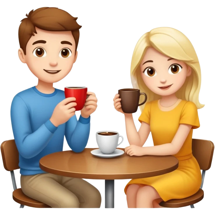 bright and cheerful boy and girl sitting at a table sipping coffee emoji