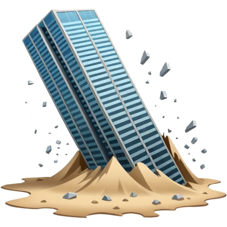 A skyscraper collapsing on quicksand, with floors breaking apart and falling out of the structure, glass and steel debris falling, realistic lighting, cinematic atmosphere, dramatic destruction, ultra detailed emoji