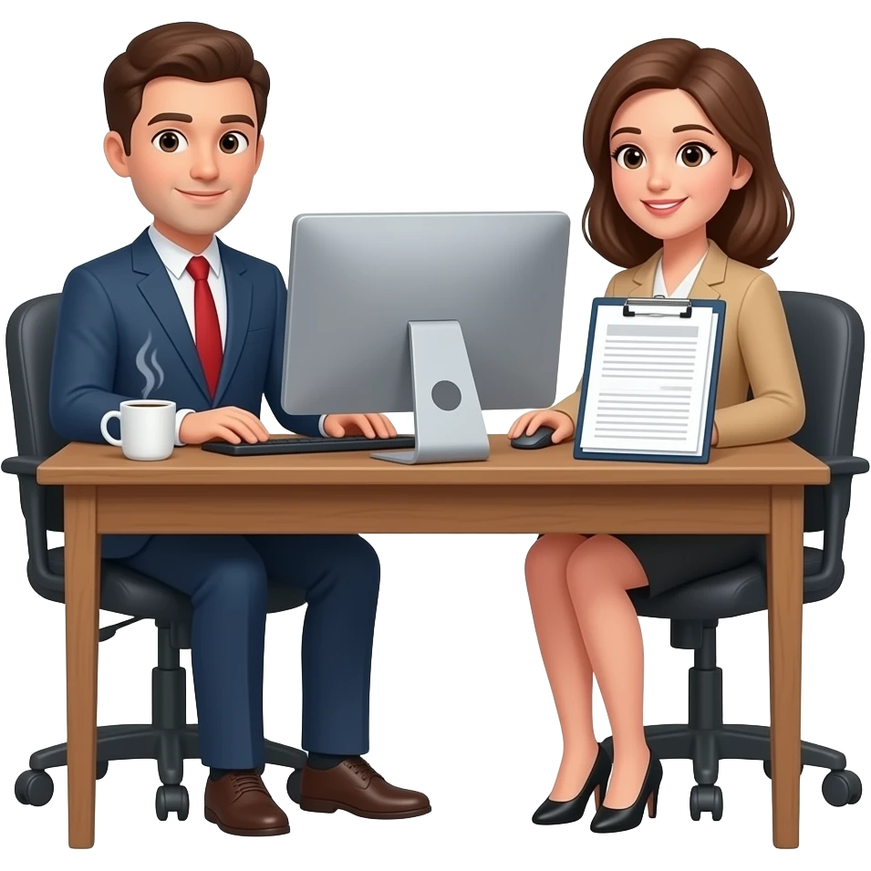 male and female in the office with desk computere coffoe cup and a big file of papers emoji