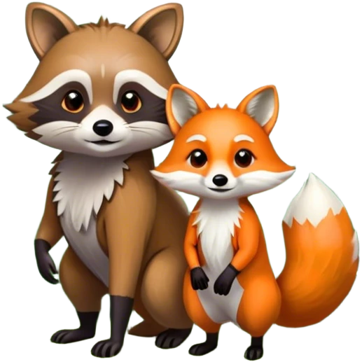 Collage of a raccoon and a fox, in close-up, set in a beautiful forest with tall trees, green bushes, and sunlight filtering through the leaves and flowers. A vibrant, wild atmosphere with a transparent background. emoji