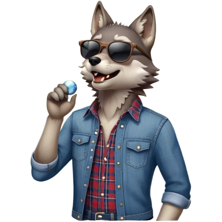 friendly anthropomorphised wolf in jeans and plaid shirt, wearing dark sunglasses, howling with the moon in the background, upright pose emoji