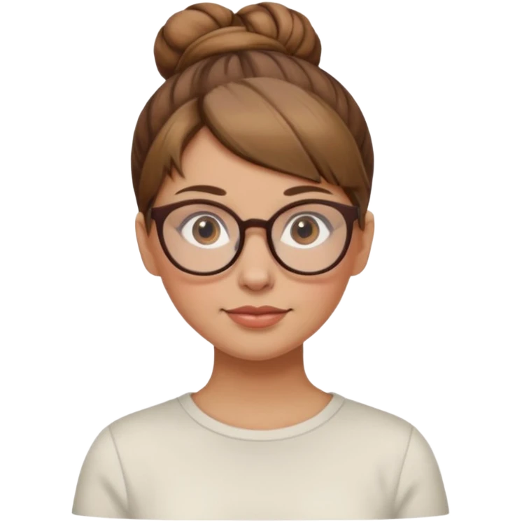 femme de 38 ans avec des cheveux châtain clair, un chignon haut, yeux bruns, lunettes rondes emoji