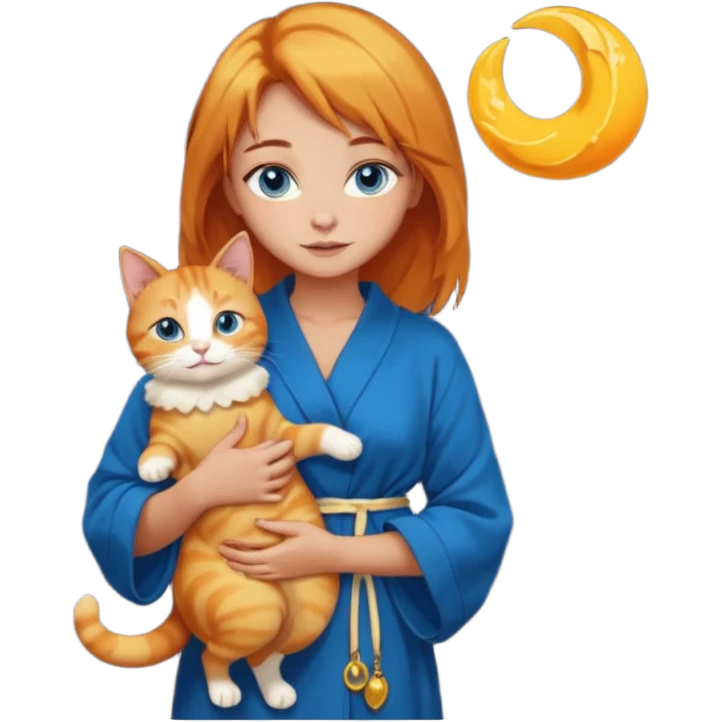 lightly tanned skin, blue eyes, cute and sexy girl with bright yellow-brown hair in a dark sky pallete robe, golden rings, slight cute makeup, full body, slightly turned aside pose, holding a cat in hands emoji
