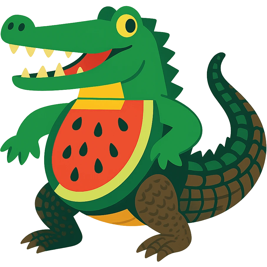 playful crocodile with a sliced watermelon torso, detailed realistic crocodile tail and legs emoji