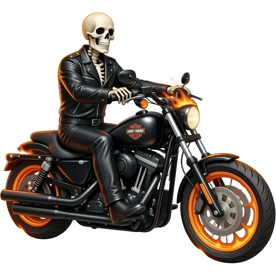 Skeleton on fire wearing black leatherriding black Harley davidson on fire. Fantasy emoji