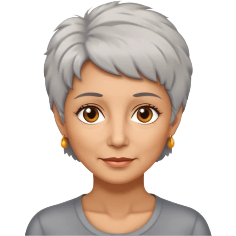 woman 50 years old, short grey fluffy hair, tannes skin and brown eyes emoji