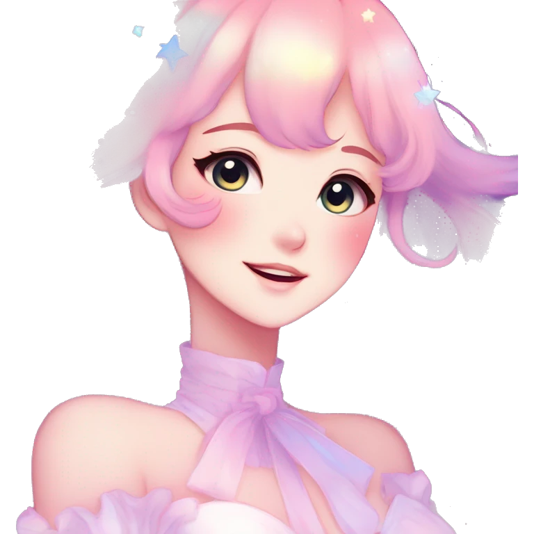 Gorgeous pastel anime style lady blushing nebula-gradient-sparkle face dreamy idol model colorful shiny stars galaxy kawaii cottagecore pearly petite simplistic aesthetic trending style emoji