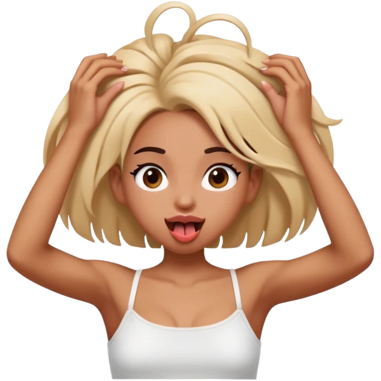 Mixed girl in white spaghetti strap top with tongue out and holding her hair with her hands  emoji