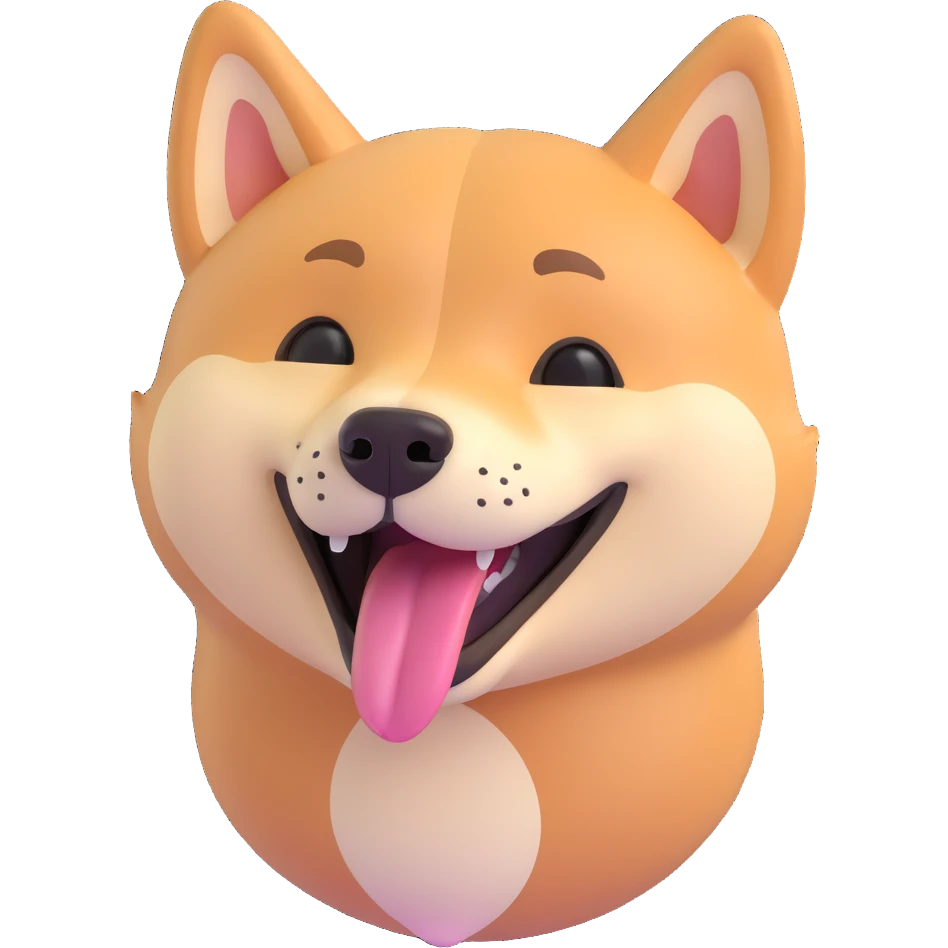 cute shiba inu giggling, tongue out, joyful, minimal background emoji