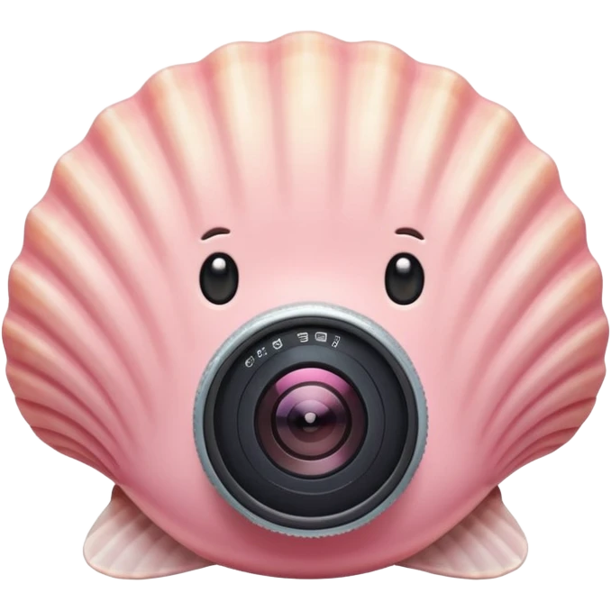 A cute seashell emoji with a tiny camera next to it, symbolizing capturing beach memories. Playful, modern emoji style, soft pastel colors, white background. emoji