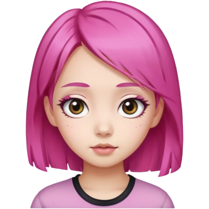 An Asian girl with Fashion pink hair, big eyes, thick eyebrows, and long eyelashes;  emoji
