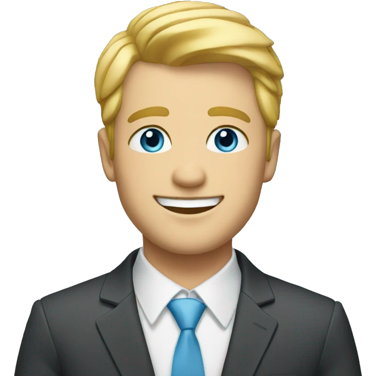 blonde male with short hair, sky blue eyes, big smile and a suit emoji