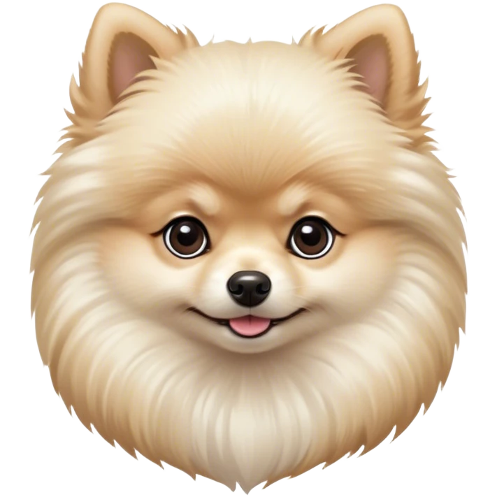 Cinematic Cute Cream Pomeranian Portrait Emoji, Head tilted playfully and inquisitively, featuring a luxurious, fluffy cream Fur with a natural sheen, round, sparkling dark eyes filled with curiosity, Simplified yet irresistibly adorable features, highly detailed, glowing with a warm, friendly glow, high shine, affectionate and lively, stylized with a touch of whimsy, bright and endearing, soft glowing outline, capturing the essence of a mischievous yet loving pup, so playful it feels like it could scamper out of the screen and into your arms! emoji