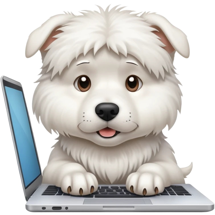 A busy white dog typing on a laptop looking stressed and overwhelmed emoji