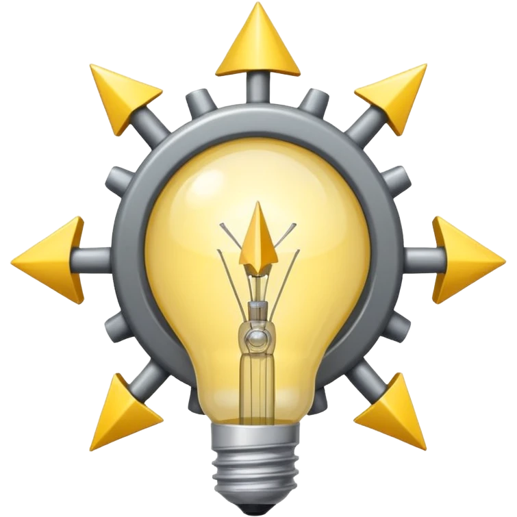 a gray gear with yellow curved raising arrow behind it on the right side, and then a small golden beaming light bulb on the left side emoji