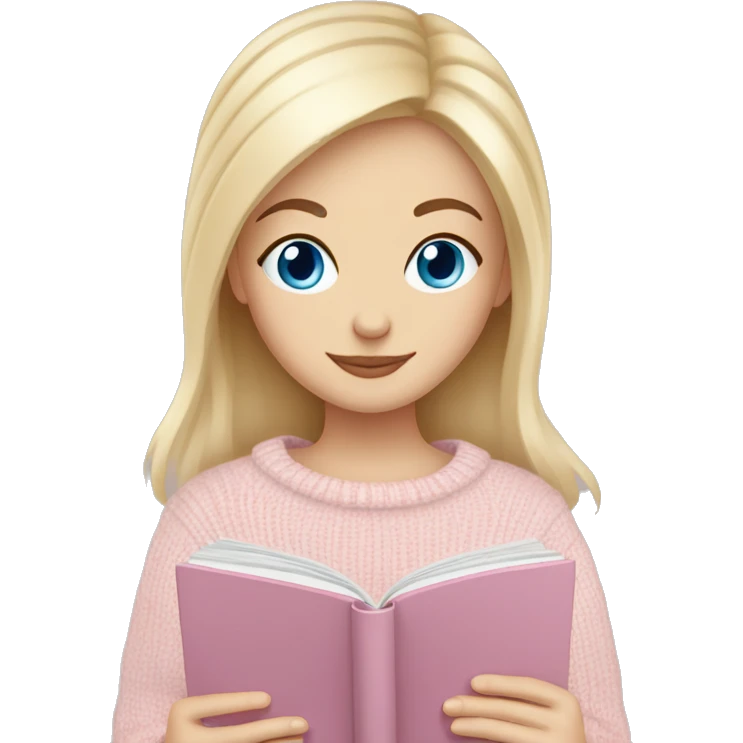 Pretty blue eyed white girl with light pink sweater reading cozy emoji