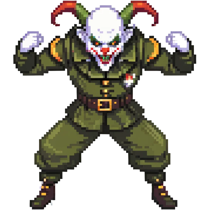 evil clown soldier, bald, short goat horns on forehead, fangs, pointed ears, black and military green clothes, fighting stance emoji