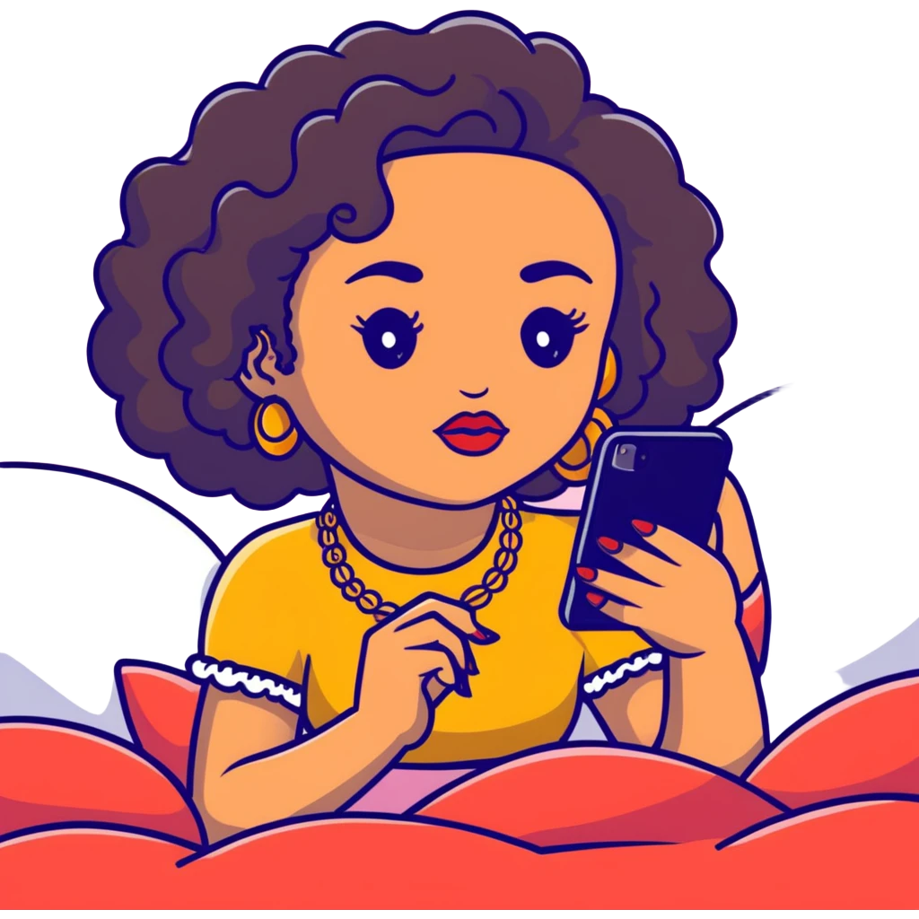 Brown-skinned teenage girl with curly black hair lying on bed looking at smartphone, heavy makeup, big lips, crop top, gold jewelry, choni style outfit emoji