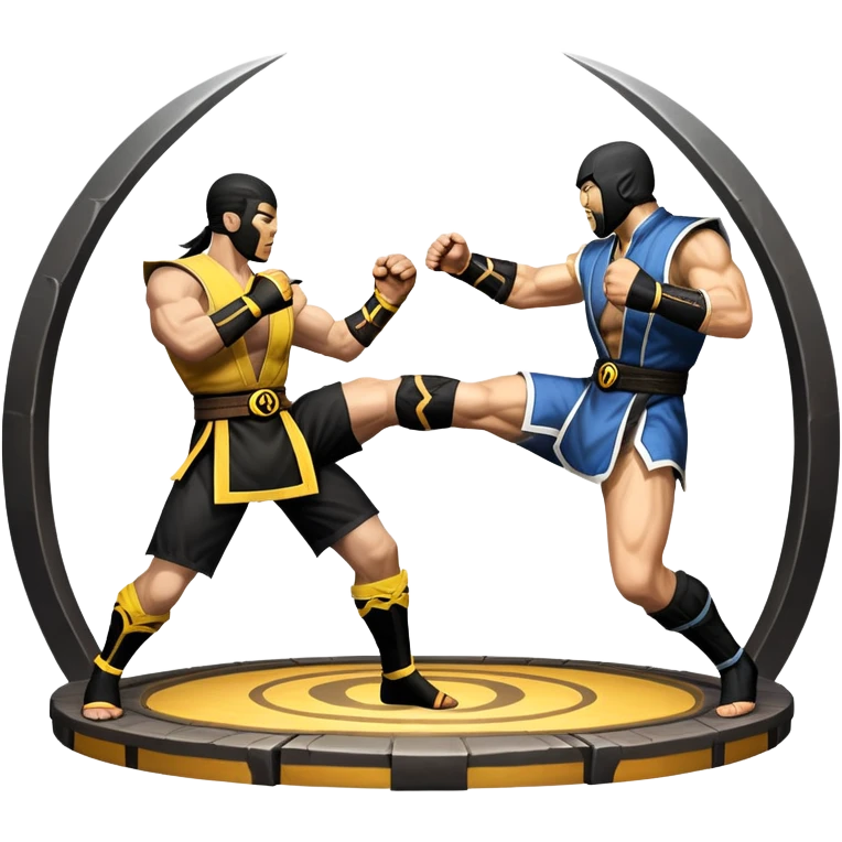 An icon showing two fighters in combat poses, inspired by Mortal Kombat. One character delivers a powerful kick, while the other blocks. The background features an iconic arena from the game with life bars at the top, symbolizing intense battles. Transparent background. emoji