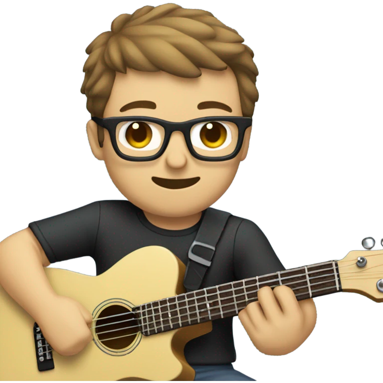 A nerdy white guy with glasses with short brown hair with a small whiff playing a telescaster emoji