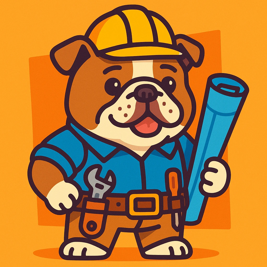 English Bulldog engineer with a tool belt and rolled-up plans, standing confidently, cute style emoji