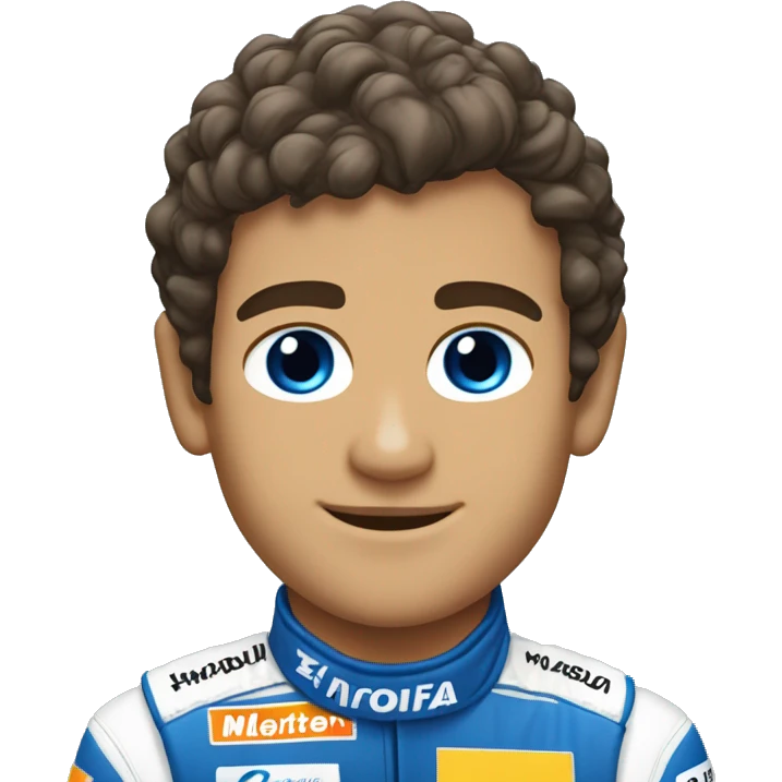 Lando norris with a mullet hair cut, blue eyes and mclaren suit emoji
