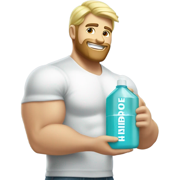 Buff man with blonde short hair and a medium length blonde beard riding on top of a giant bottle of listerine emoji