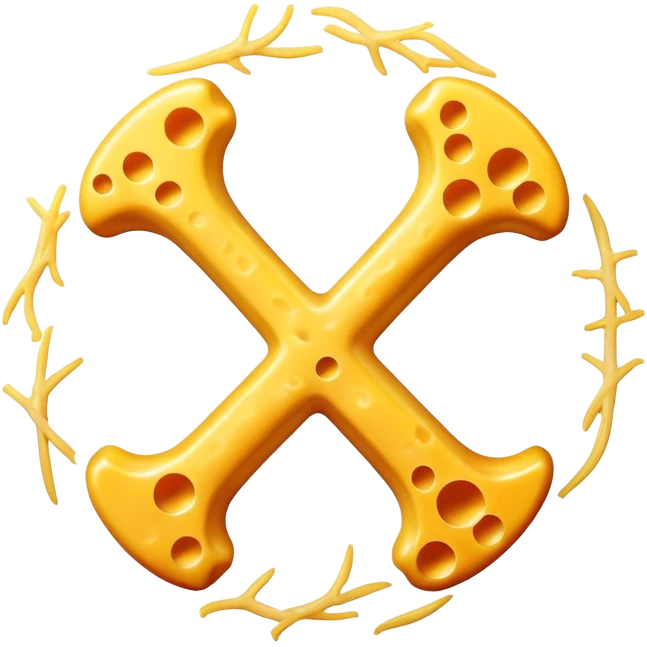 Glowing bone and vitamin K2 symbol with ethereal shredded cheese floating around them in a circular pattern. The cheese emits a soft golden light that flows toward the K2 and bone, creating a magical halo effect of bone-strengthening energy. emoji