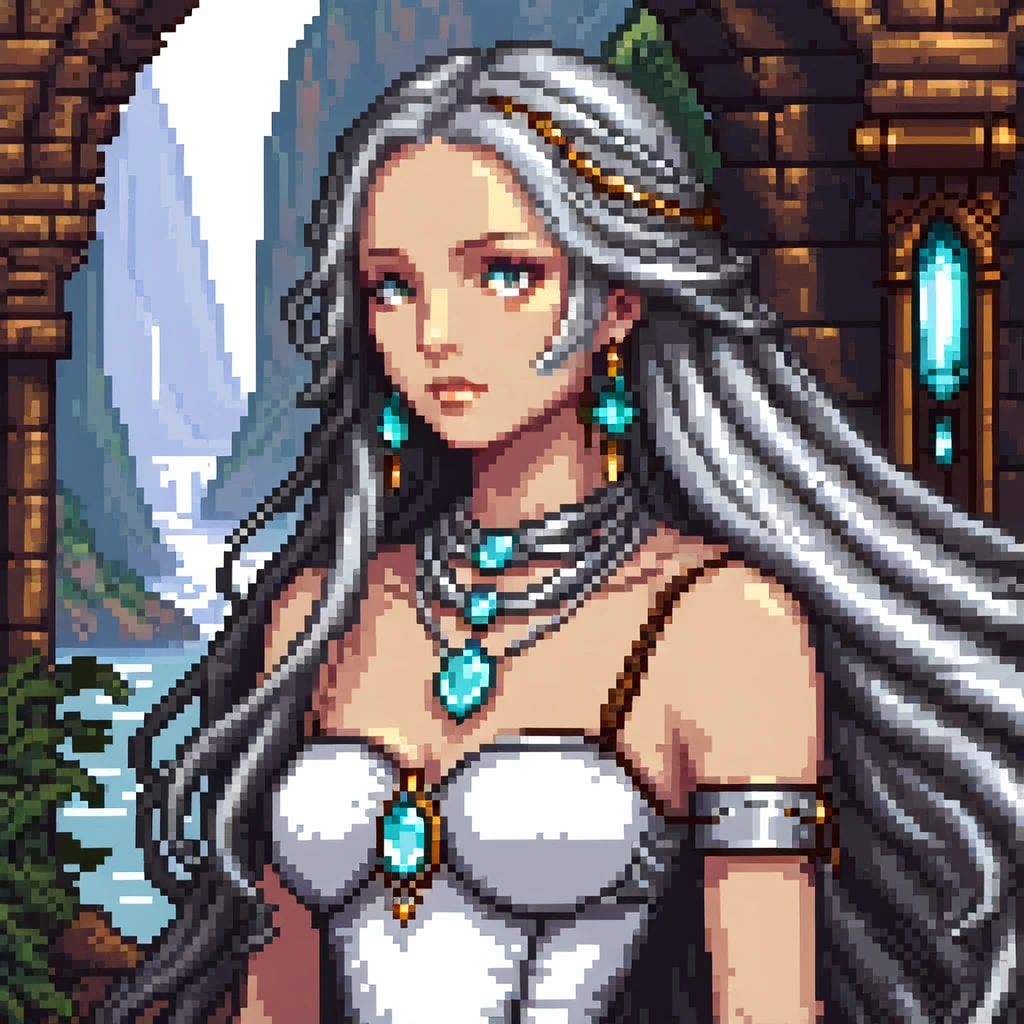 Beautiful girl with metal jewelry and long flowing hair in fantasy setting emoji