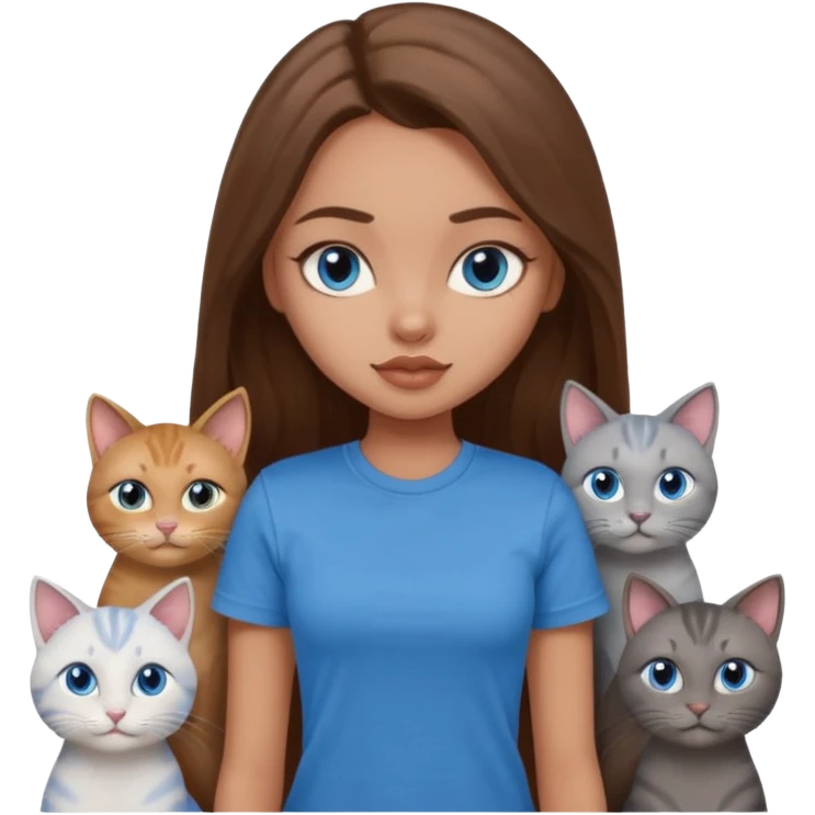 a pretty bratz dusky light skin girl with long brown hair, blue eyes with six cats nd wearing a grey tshirt emoji