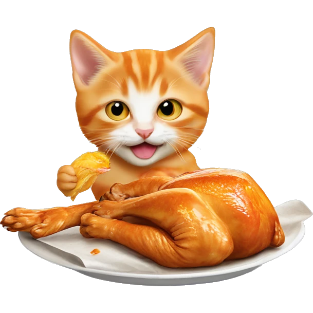 Orange kitten eating rotisserie chicken ￼ emoji