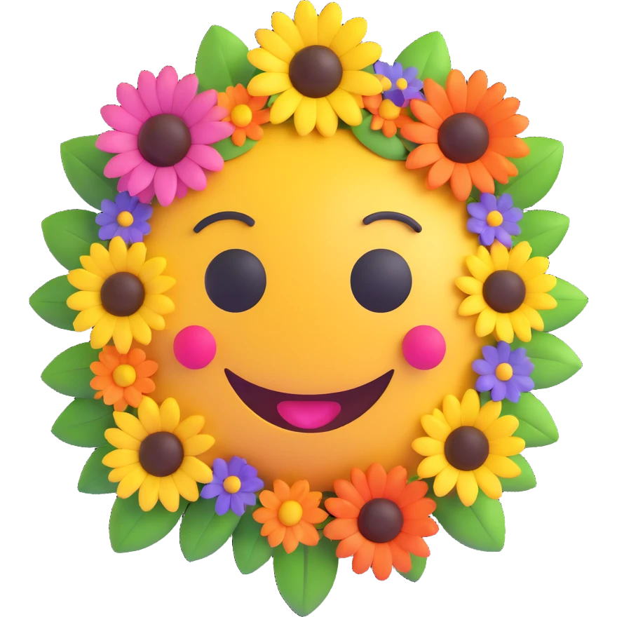 3D smiley emoji, large eyelashes, girly, colorful flower crown, loving emoji