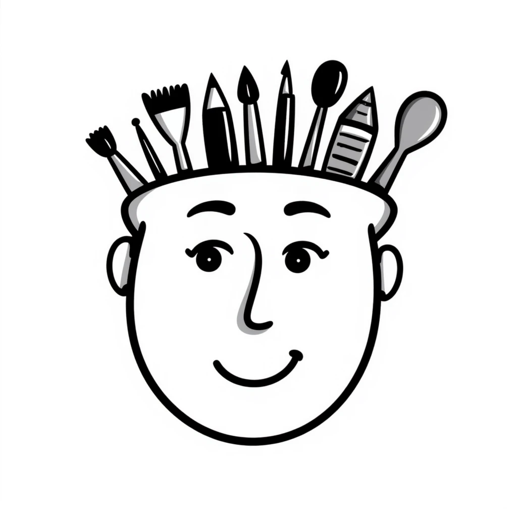 Art tools and brushes forming the shape of a human face, representing artistic identity emoji