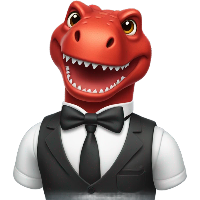 A red trex with a water bottle, wearing a black bow tie  emoji