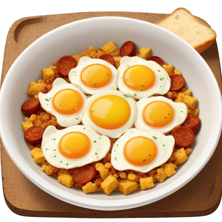 Spanish migas with breadcrumbs, chorizo, and egg in a bowl. emoji