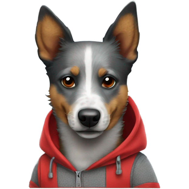 Blue heeler wearing a red hoodie emoji