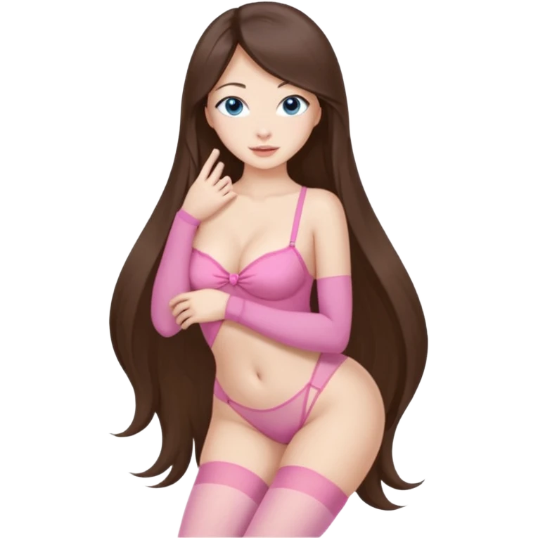 Buxom brunette super long hair intimate sfw blue eyes Asian light pink nylon stocking pose emoji