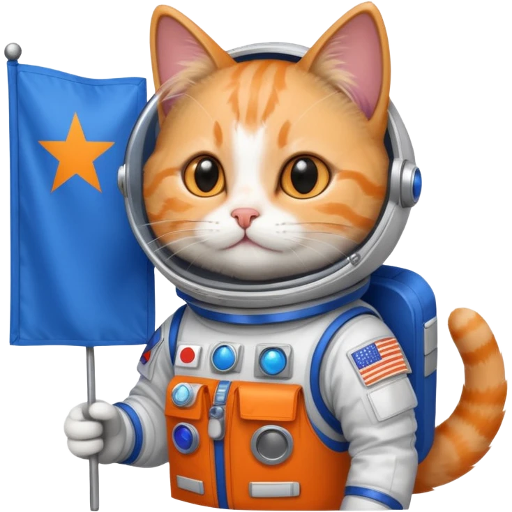 a cat in space suit, holding blue rectangle flag emoji