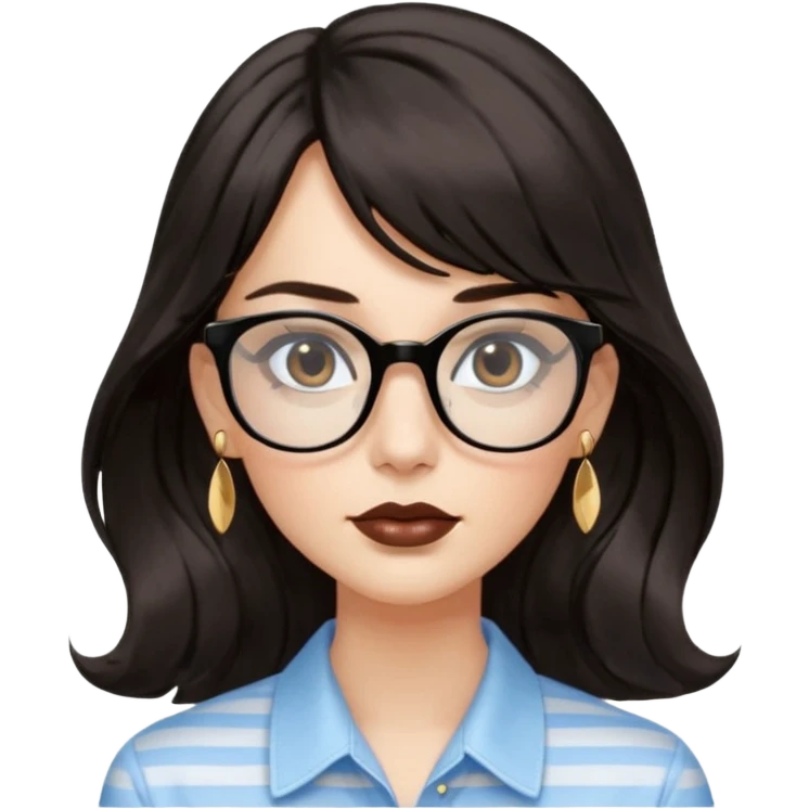 An emoji featuring a woman with long wavy dark brown hair and a whispy bang, wearing thick black square glasses, gold drop earrings. She has long lashes and a nude browny glossy lipstick. She's wearing an oversize light blue shirt with white vertical strips. emoji