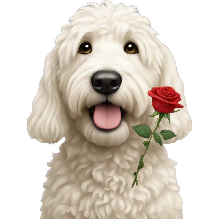 A white golden doodle holding a rose  emoji