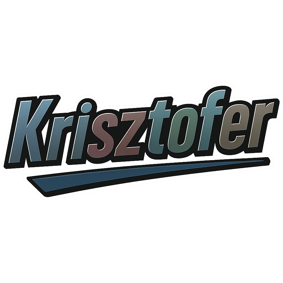 Text image of the name 'Krisztofer' in a masculine, modern, gradient font with accurate Hungarian characters, dark contour, prominent and clearly visible white border as in sample images, dynamic slanted underline, masculine color shades including blue, gray, burgundy, green, and brown, 1000x1000 px, PNG, transparent background. emoji