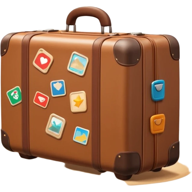 A 3D cartoon suitcase placed on the ground with travel stickers, soft sunlight, warm tone, realistic Memoji-style design. emoji